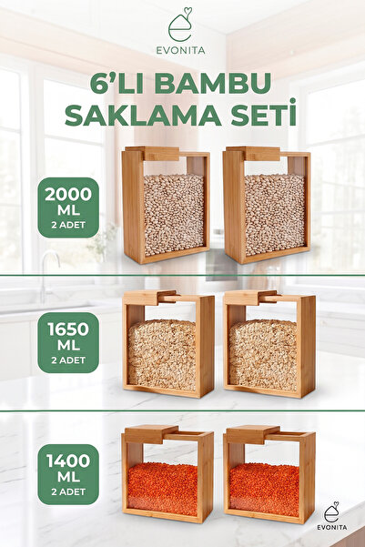 EVONİTA Bambu Kapaklı Erzak Bakliyat Saklama Kabı Mutfak Organizer Tekli Sakl...