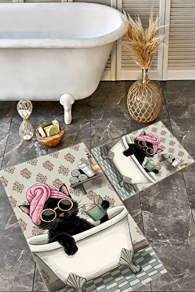 eco concept Kedi Desenli Dijital Baskılı Renkli İkili Banyo Paspası (40/60cm -60x100cm), Banyo Paspası