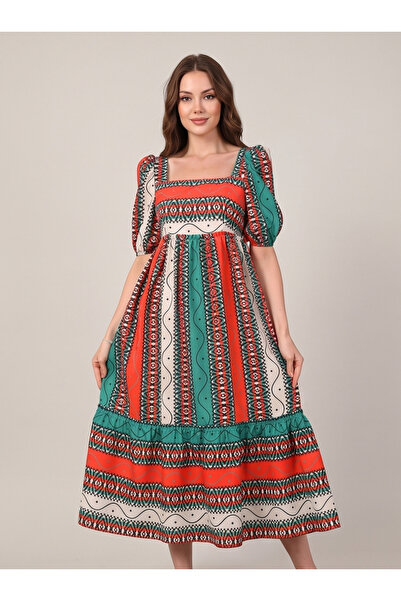 gökçesu Women's Patterned Square Neckline Dress with Gipeli Back and Crossed ...