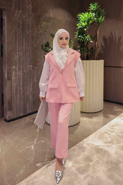 İmajButik Pembe Astarlı Yelek Pantolonlu Dabıl Takım