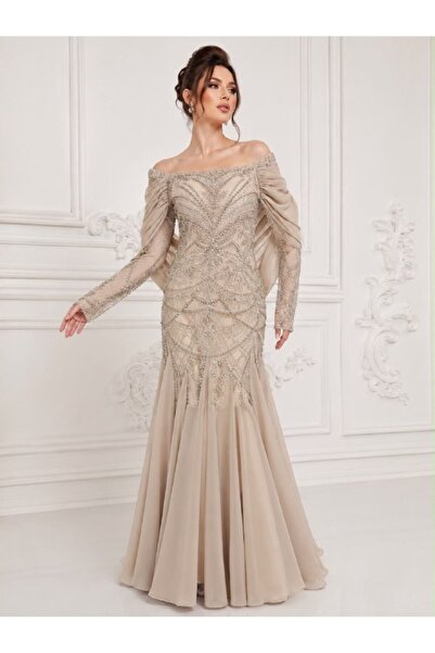 ranin Beige Off-Shoulder Evening Gown with Long Sleeves and Geometric Embroid...