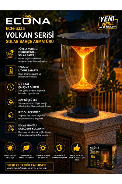 ECONA 30W Volkan Solar Bahçe Lambası,güneş enerjili bahçe lambası, solar aydı...
