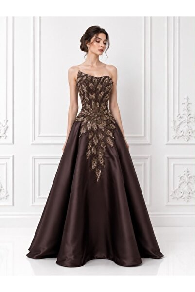 ranin Dark Brown Evening Dress Chest Beaded Applique Gipon Mikado Double Cloc...