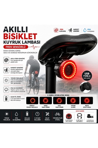 Genel Markalar 🚴HpyTech Akıllı Bisiklet Arka Stop Lambası Fren Sensörlü Type...