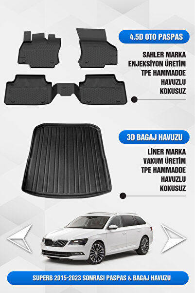 Sahler Skoda Superb 2015-2023 Uyumlu 4.5D Premium Havuzlu Oto Paspas ve Liner...