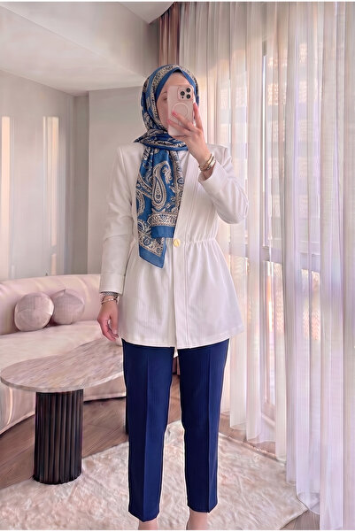HİFADEN Kadın Beli Lastikli Gold Düğmeli Mevsimlik Şık Tesettür Blazer Ceket