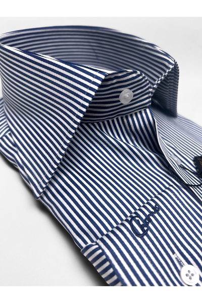 Chamis Slimfit Navy Blue Striped Satin Lapel Collar Shirt