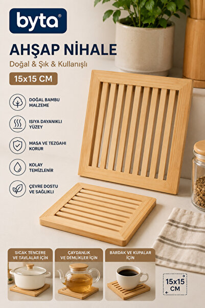 BYTA Ahşap Nihale 15x15 cm Isıya Dayanıklı Tencere, Çaydanlık ve Demlik Altlığı