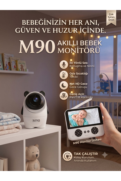 M90 Görüntülü Bebek Telsizi ve Monitörü - Tak Çalıştır, Gece Görüşlü, Uzaktan...