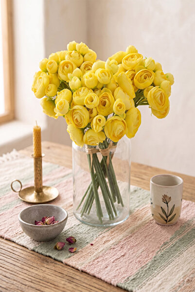 Yapay Çiçek Deposu Artificial Flower 9-Branch Muse Bud Peony Bunch 30 cm Yellow