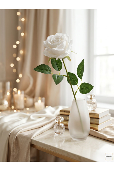 Ela Flowers & Gift Kadife Tek Dal Yapay Beyaz Gül 55 Cm Dekoratif Çiçek