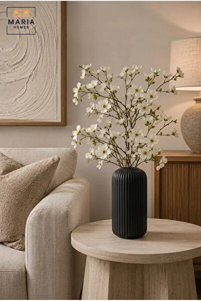 MARIA HOMES Black Ribbed Decorative Vase, Modern Cylindrical Flower Holder fo...