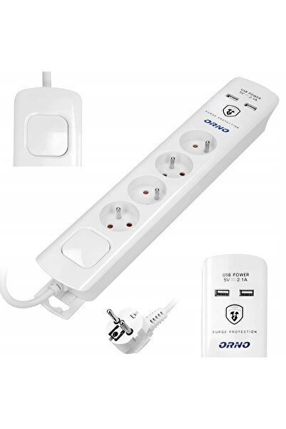 Orno Prelungitor cu protecție la supratensiune și porturi USB 3m 4g