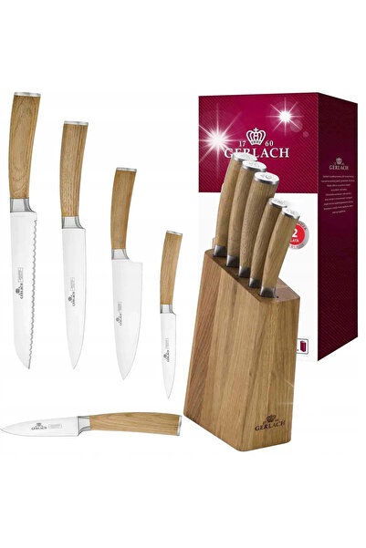 Gerlach Set de cuțite cu suport din lemn natural / mâner din lemn - 6 piese