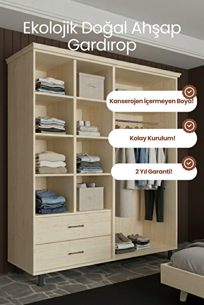 RENAZZO Softwood Masif Çam 4 Kapaklı Gardırop - 200 cm Yükseklik Doğal Ahşap ...