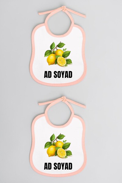lili hediyelik Lemon Printed 2-Piece Linen Pink Baby Bibs - Baby Bib Set, Bab...