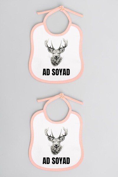 lili hediyelik Deer Printed 2-Piece Linen Pink Baby Bib - Baby Towel Bib, Bab...