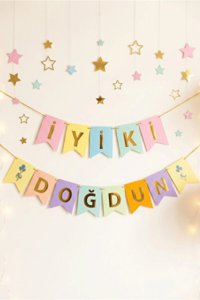 FESTİVALOON Macaron Renkli İyiki Doğdun Banner Pastel Doğum Günü Parti Süsü A...