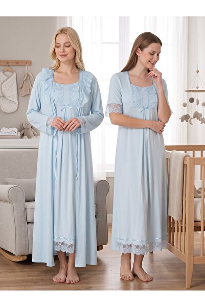 Lohussa New Season Blue Special Lace Detailed 100% Cotton Design with Breastf...