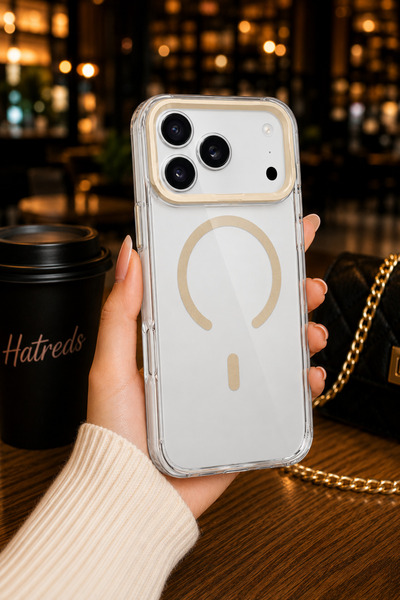 Hatreds iPhone 17 Pro Max Uyumlu MagSafe Airbagli Kamera Standlı Kılıf Gold