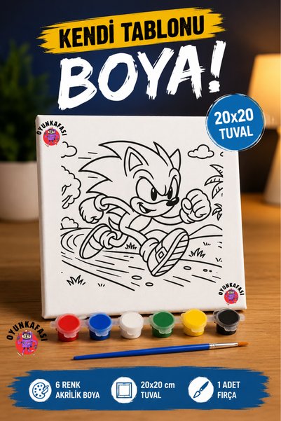 OYUNKAFASI 20x20 cm Sonic | Tuval Boyama Seti | 6'lı Akrilik Boya + 1 Fırça |...