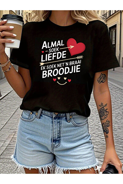 Ekim11 ALMAL LIEFDE EK SOEK Letter Print T-shirt | Short Sleeve Crew Neck Top...