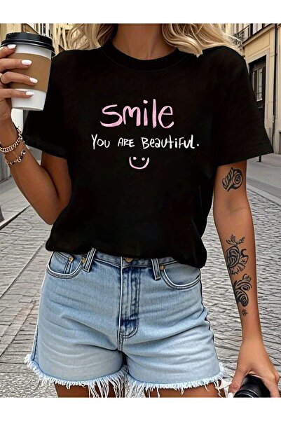 45 BPM تي شيرت نسائي بطبعة "Smile You Are Beautiful" - بلوزة بأكمام قصيرة ويا...