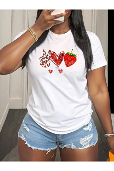 01THEONE cotton Casual T-Shirt with Peach, Love Strawberry Design Comfortable...