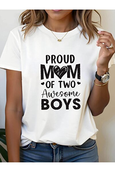 NOURAM تي شيرت نسائي بطبعة "Proud Mom of Two" - قميص بأكمام قصيرة وياقة دائري...