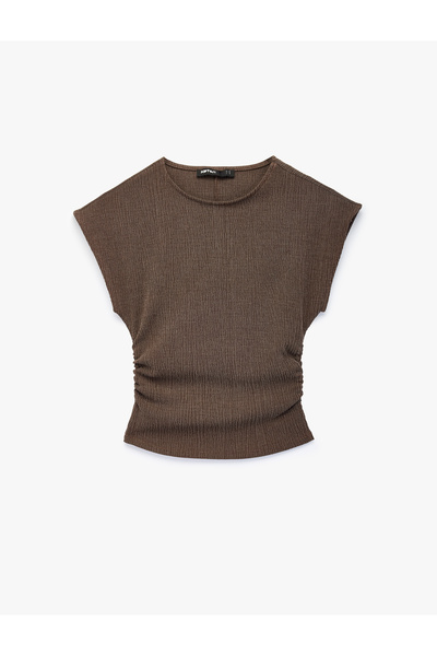 Koton Bürümcük Fabric Textured Slim Fit Draped Cap Sleeve Crew Neck T-Shirt