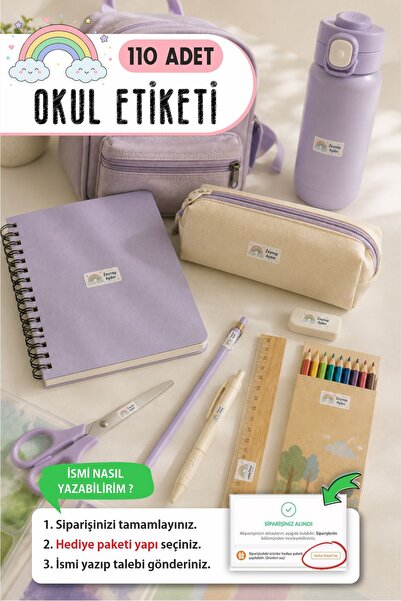 Piksel Grafik Okul Etiketi Kalem Defter isimli Etiket Isim Yazılabilen Seviml...