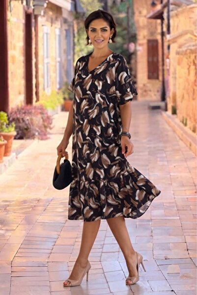 Nevin Kaya Moda V14-Black Coffee Brush Patterned Skirts Ruffle Dress