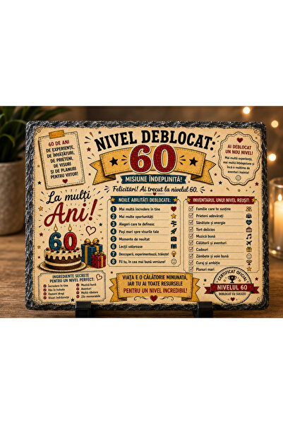 hiperborea Placă din Ardezie Personalizată – „Nivel Deblocat 60” – Cadou Aniv...