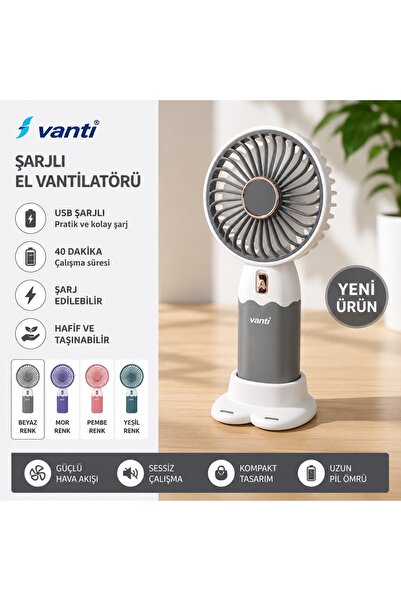 Vanti USB Şarjlı El Vantilatörü Taşınabilir Mini Fan Sessiz Masaüstü El Fanı ...