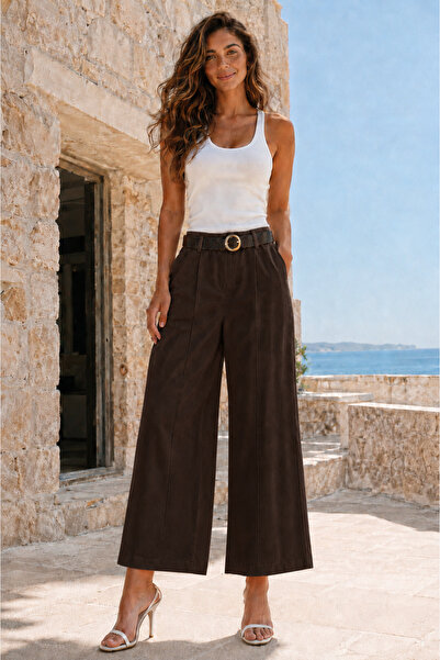 ABBRA Women's Belted Baggy Pants with Elastic Waist at the Back