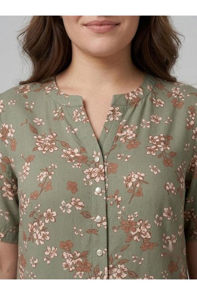 Sedef Moda Evi Short Sleeve Viscose Green Background with Cherry Blossom Pattern Hijab Plus Size Mother's Dress with Cups