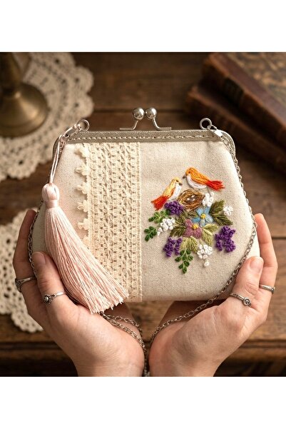 Arzu Demir %100 El Nakışı İşlemeli Vintage Keten Çanta .Kuş Temalı .25×15 cm