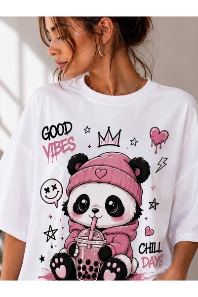 Vanteon تي شيرت نسائي أبيض كبير الحجم مطبوع عليه Good Vibes Panda