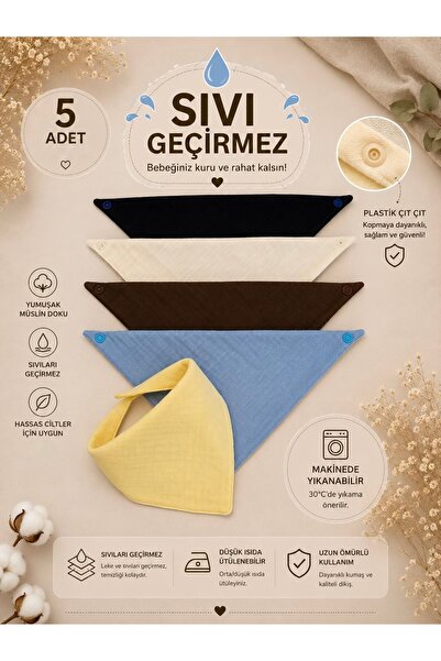 5’li Sıvı Geçirmez Mama Önlüğü / Fular / Salya Önlüğü / Müslin