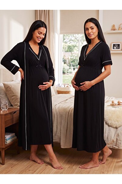 Lohussa New Season Black Ribbed Design with Breastfeeding Feature Short Sleev...