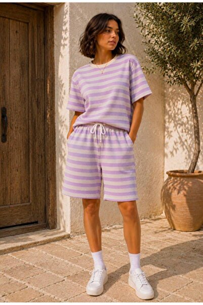 caddekombin Women's Waffle Striped Top and Bottom Set