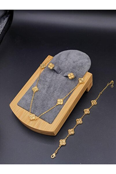 Glamour Galore Gold Color Four-Leaf Clover Steel Jewelry Set Necklace Bracele...