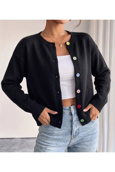 MaxiMor Women's Black Colored Buttoned Basic Knitwear Cardigan Standard Size ...