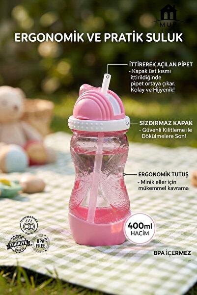 MUF HOME 400 ml Children's Water Bottle with Straw - Practical Easy-Open Stra...
