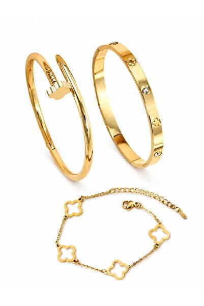 Nevara 3Pcs Stainless Steel Gold Bracelet Set for Women - Nail Bracelet, Zirc...