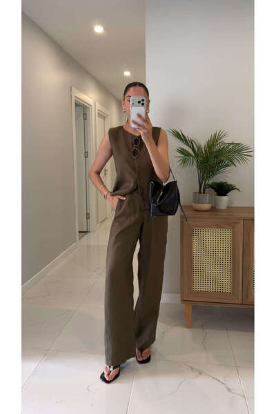 BİRCANÇİL MD Silla Haki Keten Kolsuz Bluz Pantolon Takım