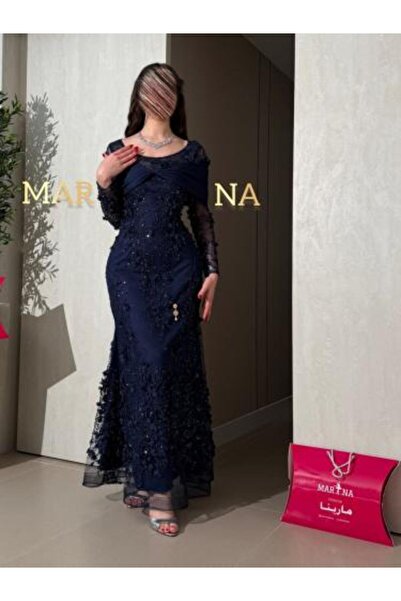 RENATA FASHION Raffah Dress (Navy blue dress with embroidered trim with flowe...