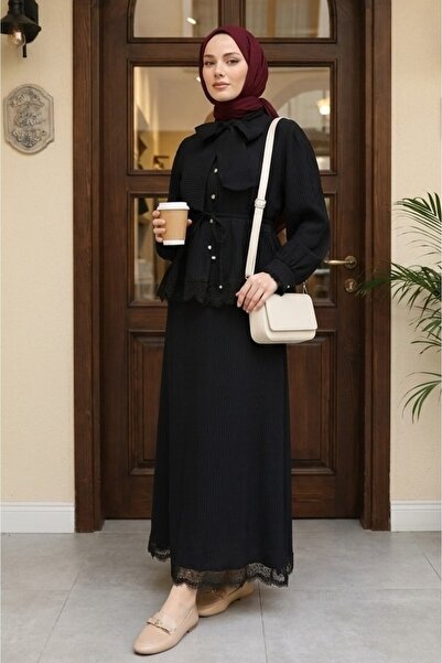 Modamorfo Lace Collar and Tie-Waist Skirt Pleated Crepe Suit - Black
