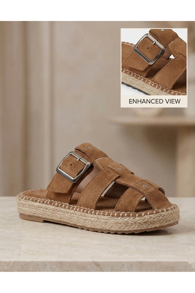 POLENS Women's Suede Genuine Leather Straw Sole Espadrille Slippers