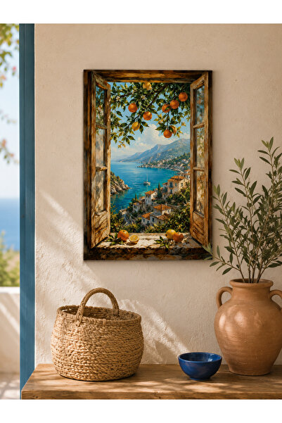 ARTI HOME Pencere Deniz Manzaralı Ahşap Duvar Tablosu – Portakal Ağaçlı Akden...